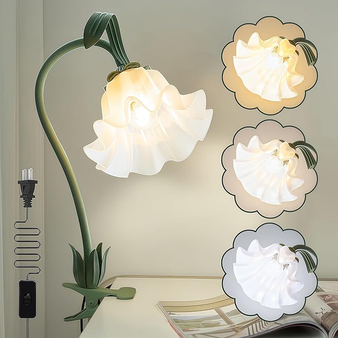 Flower Desk Lamp,LED Reading Light 360°Rotation Clip on Light,3 Color Modes Book Lights,Vintage Flower Bedside Lamp for Bed Headboard Bedroom College Dorm Office Lighting Desk Light Home Decoration