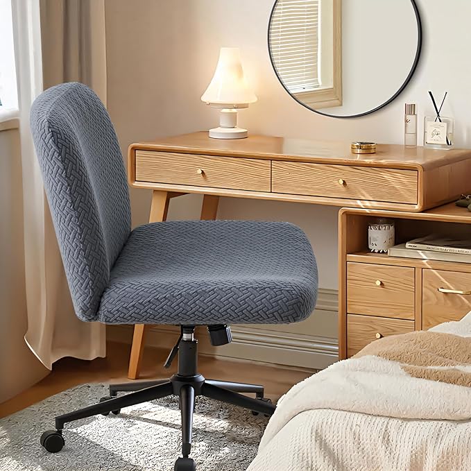 Criss Cross Chair Cover Dark Grey Armless Mid-Back Wide Seat Chair Slipcover for Vanity Chairs Washable