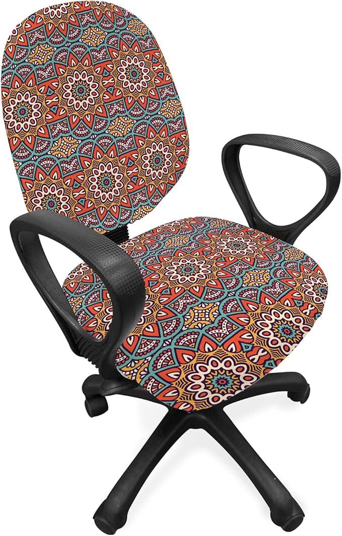 Ambesonne Mandala Office Chair Slipcover, Nature Inspired Floral Abstraction in Retro Colors Ornamental Petals, Protective Stretch Decorative Fabric Cover, Standard Size, Turquoise Orange