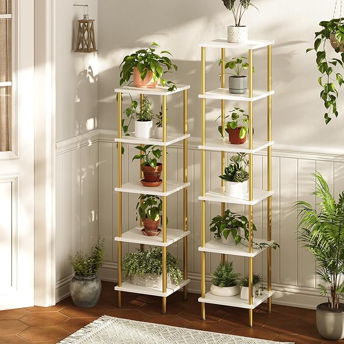 HOOBRO 6-Tier Corner Shelf, Corner Square Rack Display Shelf, Tall Storage Rack Plant Stand, Bookcase for Small Spaces, Living Room, Home Office, Kitchen, White and Gold DW55CJ01