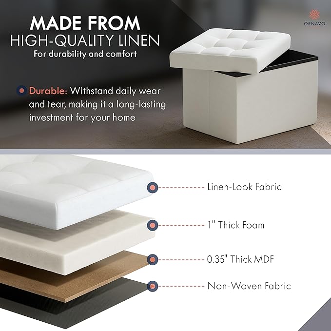 Ornavo Home Small Storage Ottoman, Set of 2, Foldable Collapsible Rectangle Linen Ottoman Foot Rest Stool Seat, for Living Room, Bedroom, Home Office, Dorm - 12 x 16 x 12, White