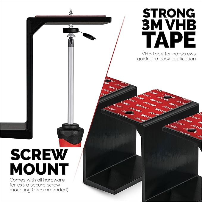 BRAINWAVZ 3” Under Desk Laptop & Device Holder Mount, Adhesive & Screw in, Devices Upto 3" - Small Computers Laptops MacBook Surface Keyboard Routers Modems Cable Box Network Switch & More (Black)