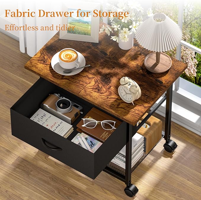 DAOUTIME 2-Tier Printer Stand with Storage Drawer, Under Desk Printer Table with Shelves, Rolling Printer Cart on Wheels for Small Spaces/Home Office, Fits 3D Printer Scanner, Rustic Brown and Black