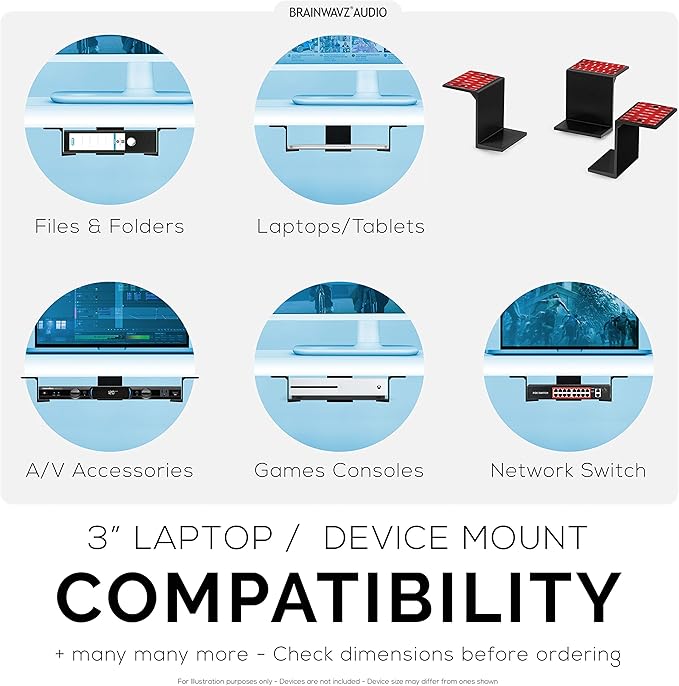 BRAINWAVZ 3” Under Desk Laptop & Device Holder Mount, Adhesive & Screw in, Devices Upto 3" - Small Computers Laptops MacBook Surface Keyboard Routers Modems Cable Box Network Switch & More (Black)
