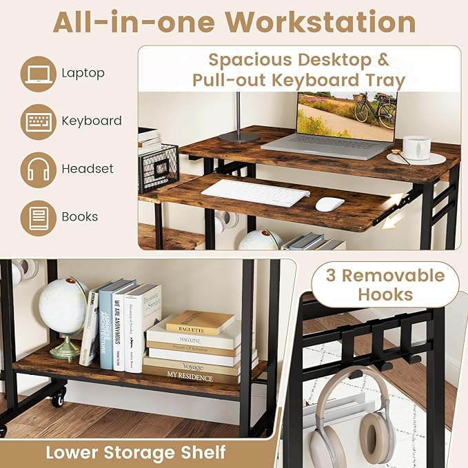 Giantex Rolling Computer Desk, Mobile Portable Desk with Keyboard Tray & Wheels, Laptop PC Table Cart with Shelf & Hooks, Industrial Small Desk for Small Spaces, Home Office, Bedroom, Rustic Brown