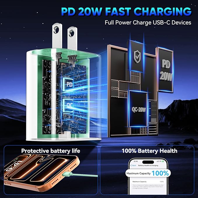 Phone 17 16 15 Pro Charger Fast Charging, 20W USB C Fast Charger Block with 3FT Long Type C Chargers Fast Charging Cable Cord for Phone 17/17 Pro/17 Pro Max/Air/16 Pro Max/16 Pro/15Pro Max/Pro, S24