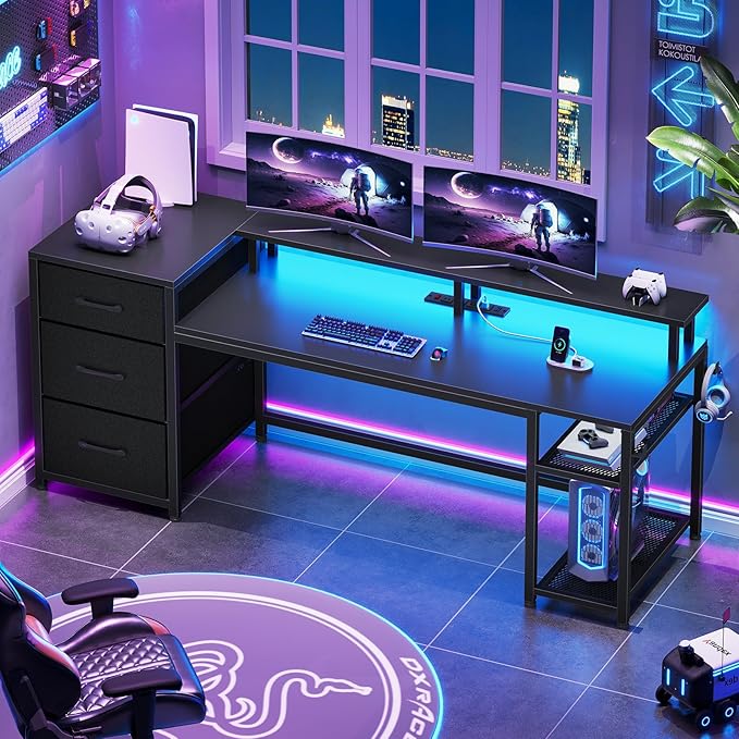 SEDETA 59" Office Desk with Drawers, Reversible Computer Desk with File Drawers & Storage, Gaming Desk with LED Lights & Power Outlet, Home Office Desks for Printer, Black