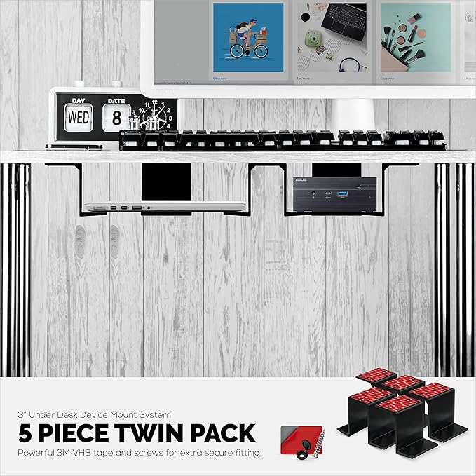 BRAINWAVZ Twin Under Desk Laptop & Device Holder Mount, Adhesive & Screw in, Devices Upto 3" Like Small Computers Laptops MacBook Surface Keyboard Routers Modems Cable Box Network Switch & More.