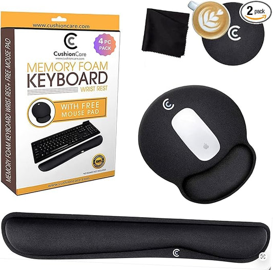 4pc Wrist Rests for Keyboard and Mouse Pad Set - Memory Foam Cushion, Black - Ergonomic Wrists Hand Arm Rest Support for Laptop Computer Desk and Gaming - Carpal Tunnel Syndrome Relief