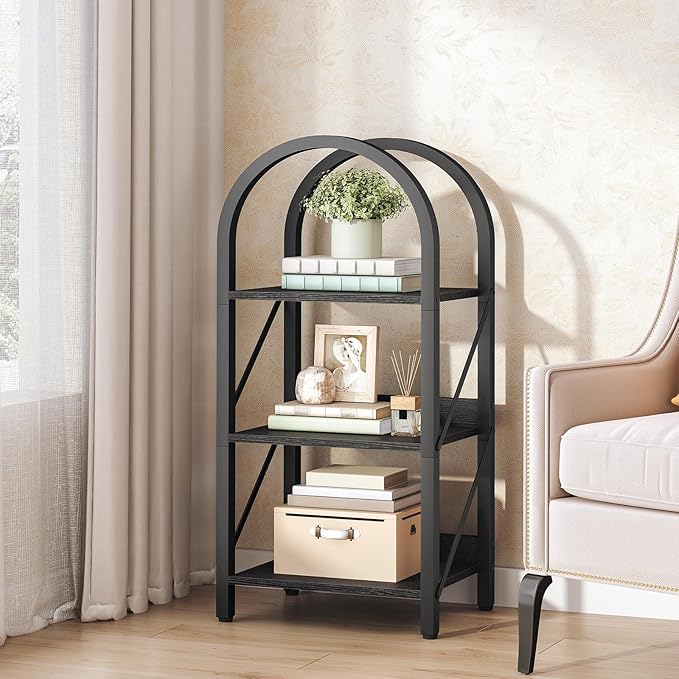 HOOBRO Bookshelf, 3-Tier Arched Bookshelf, Industrial Bookcase with Metal Frame, Book Shelf Storage Organizer for Living Room, Office, Bedroom, Black BB423SJ01