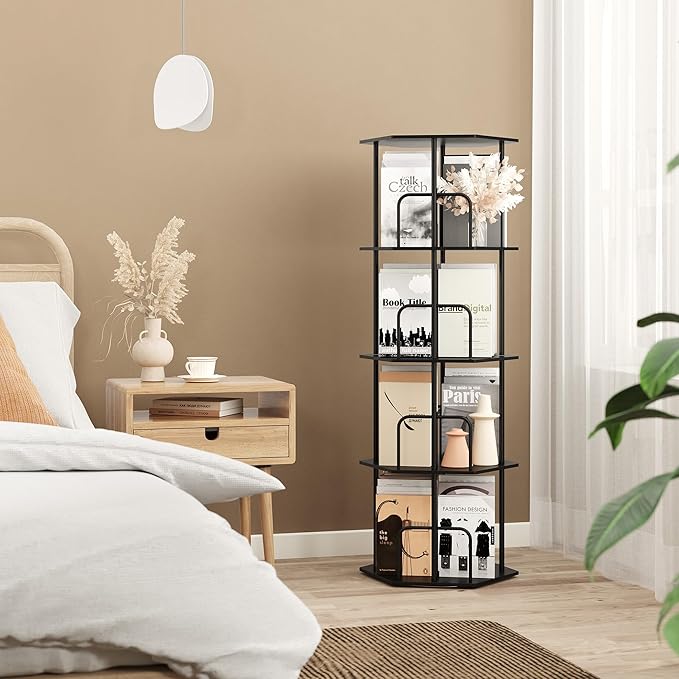 SUNMORY 4 Tier Rotating Bookshelf Tower, Revolving 360 ° Spinning Bookcase, Hexagonal Corner Book Shelf Storage Carousel, Vertical Rotate Turning Organizer Book Shelves for Living Room Office Bedroom