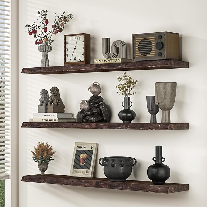 Floating Shelves for Wall, 48"x9.3" Rustic Solid Live-Edge Elm Wood Wall Shelves, Heavy-Duty Floating Shelves with Invisible Brackets, Set of 2 for Living Room, Bedroom, and Kitchen, Walnut Finish