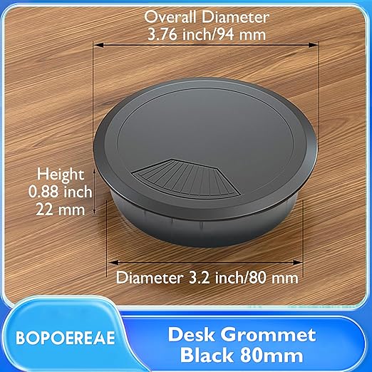 Desk Grommet 3-1/8" (80 mm), Desk Cord Hole Cover, Cable Grommet ABS Plastic, Desk Hole Grommet for Office and Home Table Cable, Detachable Adjustable Cable Cord Organizer (Black 2 Pcs)
