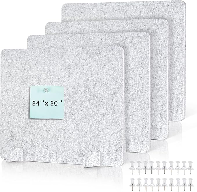 DOLLAR BOSS 4PCS Acoustic Desk Dividers 24" x 20", Soundproof Freestanding Privacy Panels for Table, Noise Reducing Desktop Partition for Office, Home, Classroom with 20 Pushpins, Light Grey