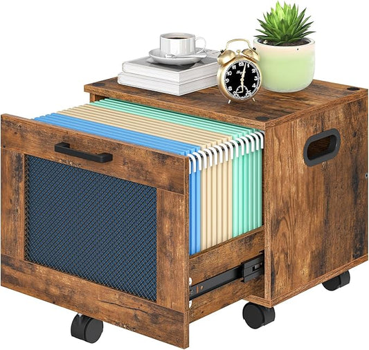 HOOBRO File Cabinet, Rolling File Cart, Under Desk Small Filing Cabinet, File Organizer Box, Home Office File Basket with Drawer for A4, Letter Files, Rustic Brown and Black BF11WJ01G1