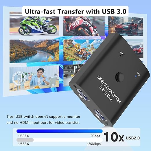2 in 2 Out USB 3.0 Switch, USB Switcher for 2 Computers Sharing Keyboard, Mouse, Printer, USB Sharing Switcher for Windows/Mac/Linux, 2 Port USB Selector Switch with 2 USB3.0 Cables, Plug and Play