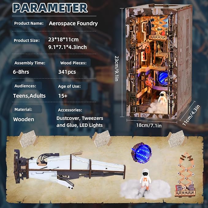 MiniCity Book Nook Kit - Industrial Space 3D Miniature Sci-Fi Scene with LED Lights, 340 Pcs DIY Assembly for Bookshelf Decor (Aerospace Foundry)