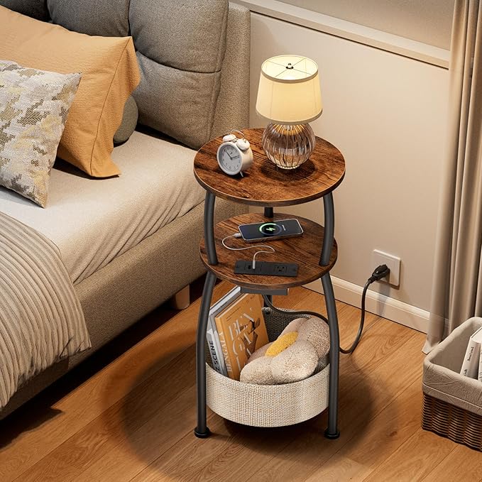 Side Table with Charging Station, Small Round End Table with Basket, USB Port and Outlet, 3 Tiers Sofa Couch Table for Living Room Bedroom, Small Spaces, 11.81in Rustic Brown