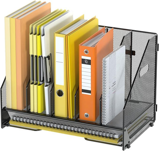 Docnest Desk File Holder Sorter, 5 Vertical Compartments Rack with Letter Tray, Mesh Magazine File Holder with Handle,Workspace Organizers,Desk Organizers for Paper, Mail, Documents-Black