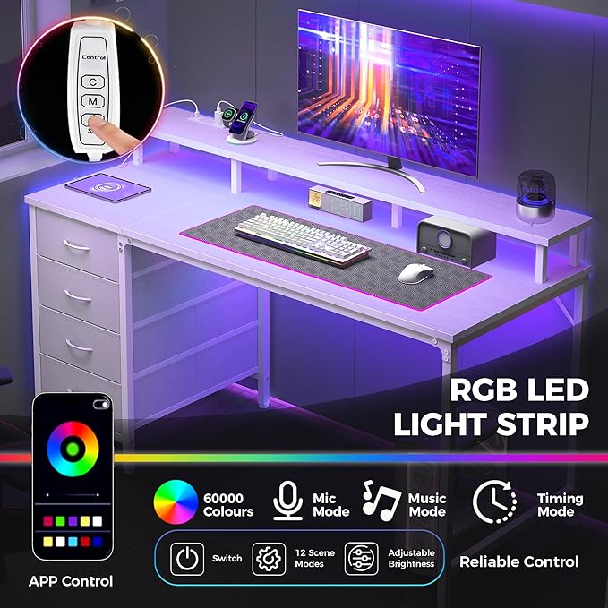 DUMOS Computer Desk with 4 Drawers,4 Drawer Gaming Desk with Power Outlets and LED Lights,Office Desk for Small Spaces with Monitor Shelf,Writing Desk for Home Office, Bedroom,Study 45 Inch White