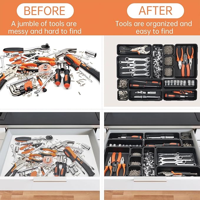 45 Pack Tool Box Organizer Tray Divider, Toolbox Desk Drawer Organizer,Garage Organization Storage for Rolling Tool Chest Cart Cabinet Workbench Workshop Small Parts Widget Tool Organizer Black