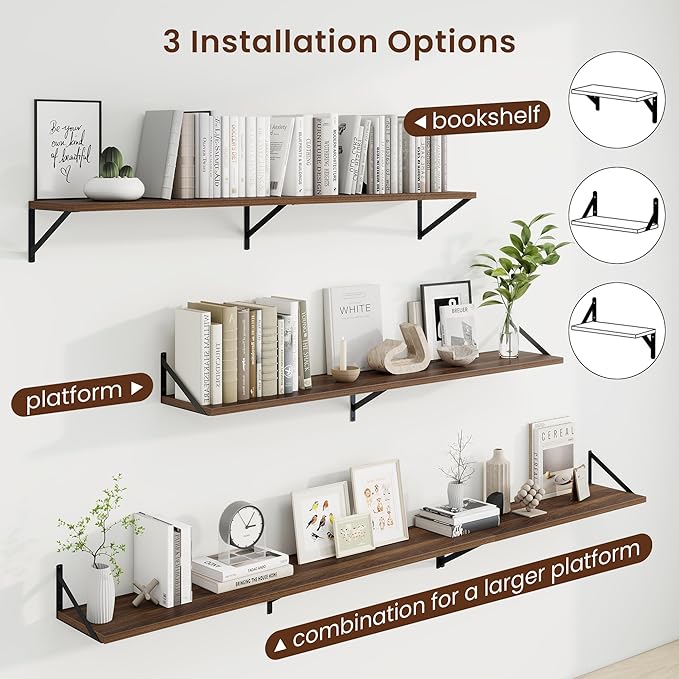 Axeman Deep Floating Shelves | 55 Inch Walnut Wall Shelves Set of 2 | 10 Inch Deep Wood Floating Shelves for Wall | 55" W x 10" D Walnut Shelves for Living Room Bathroom Kitchen