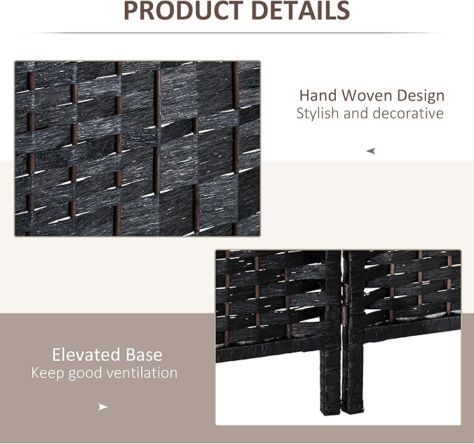 HOMCOM Room Divider 4 Panel, 6FT Tall Folding Privacy Screen, Freestanding Hand-Woven Partition for Room Separation with 360° Hinges, Paper Rope Diamond Weave, Black