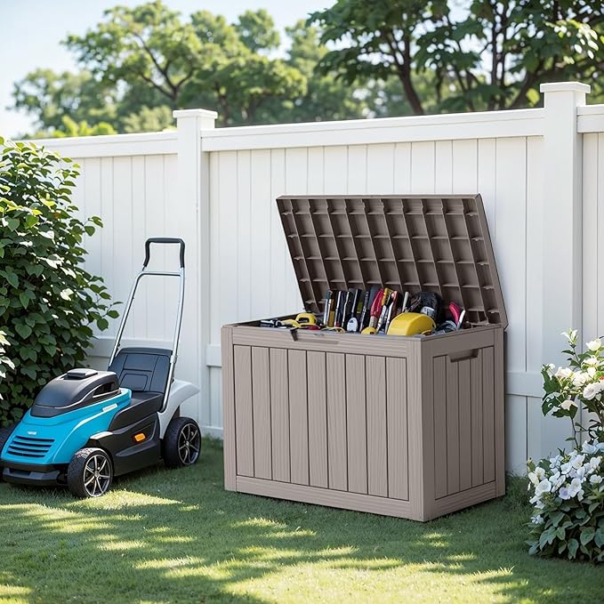 EasyUp Outdoor Storage Box, Waterproof Resin Deck Box, Reinforced Stability UV-Resistant for Patio, Garden and Poolside (Striped Beige, 45 Gallons)