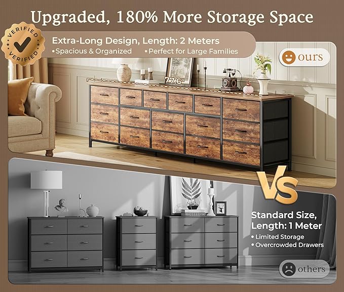 Huuger 77.6" Long Dresser for Bedroom, 16 Drawer Fabric Dresser for Closet, Wide Chest of Drawers with Storage, TV Stand for 65, 75, 85 Inch TV, 77.6" W x 12.9" D x 26.7" H, Rustic Brown
