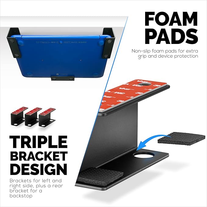 Under Desk Laptop Holder Mount For Desk, Adhesive & Screw In, Devices upto 1.5" Thick like Macbooks, Surface, Keyboard, Routers, Modems, Cable Box, Network Switch & More (Metal Black) By Brainwavz
