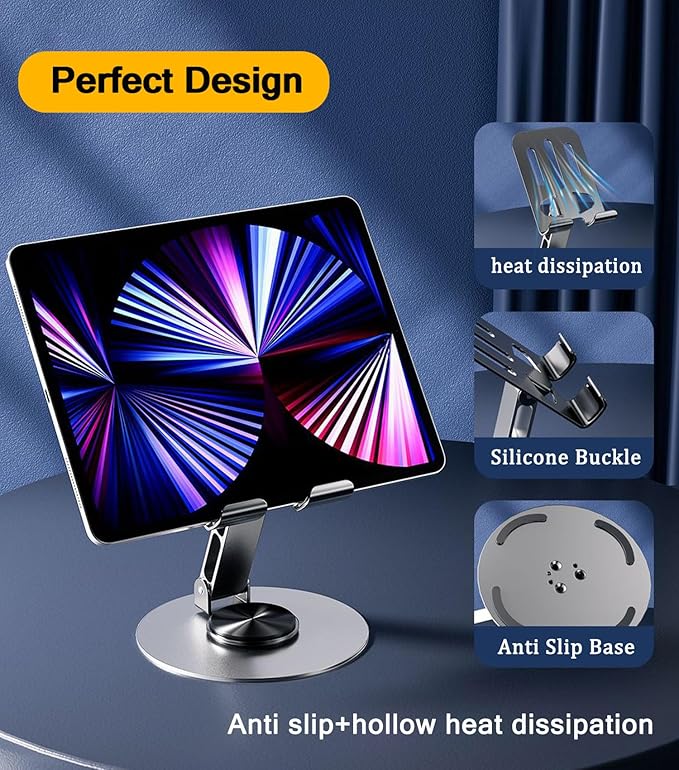 Desktop Phone Holder, Metal Cell Phone Stand for Desk, Fully Adjustable/Foldable/360 Degree Rotating Phone Cradle Dock for iPhone iPad and More Cellphone/Tablet/Switch-Silver Grey
