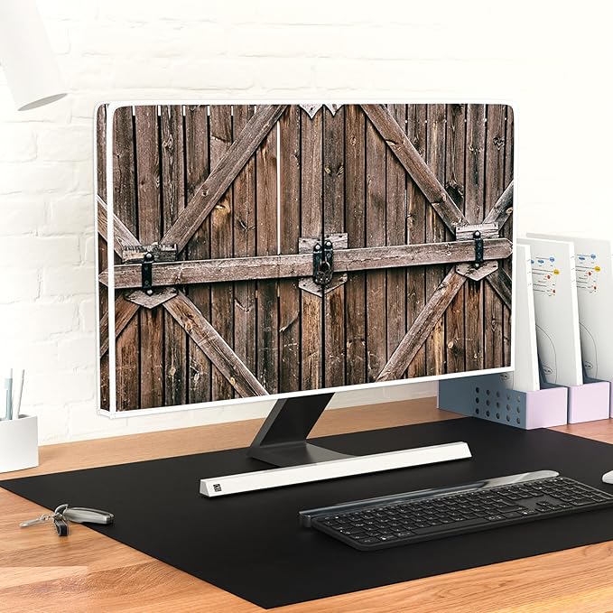 Old Wood Gate Waterproof Computer Monitor Cover 26, 27, 28 Inch Vintage Wooden Barn Door Protective Sleeve for iMac 27 inch, 26-29 inch PC, Desktop Computer and TV，Rustic Farmhouse Design