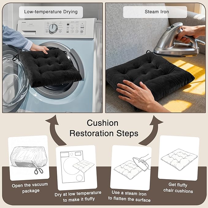 OVOV 1 Pack Chair Cushions for Dining Chairs Soft Seat Cushions for Kitchen Desk Chairs Square Chair Pads with Ties (15.5"x15.5" Black)