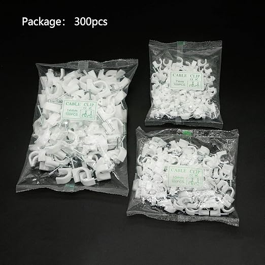 SinLoon 300pcs Cable Clips with Steel Nails 7mm 10mm 14mm Wire Holders Durable, UV Resistant Plastic Clips Help Organize Coax, Ethernet and Other Cords(Circular)