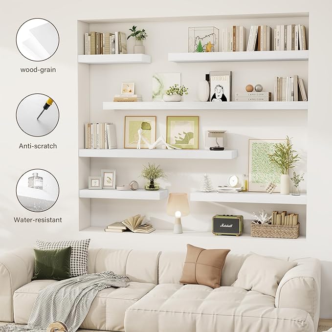 Acovy 72 Inch Floating Shelves, 12" Deep Floating Shelf Wall Mounted, 72" Wall Shelves, Rustic Deep Bookshelf, Extra Deeper & Thicker Display Shelves for Bedroom, Living Room, White, Set of 1