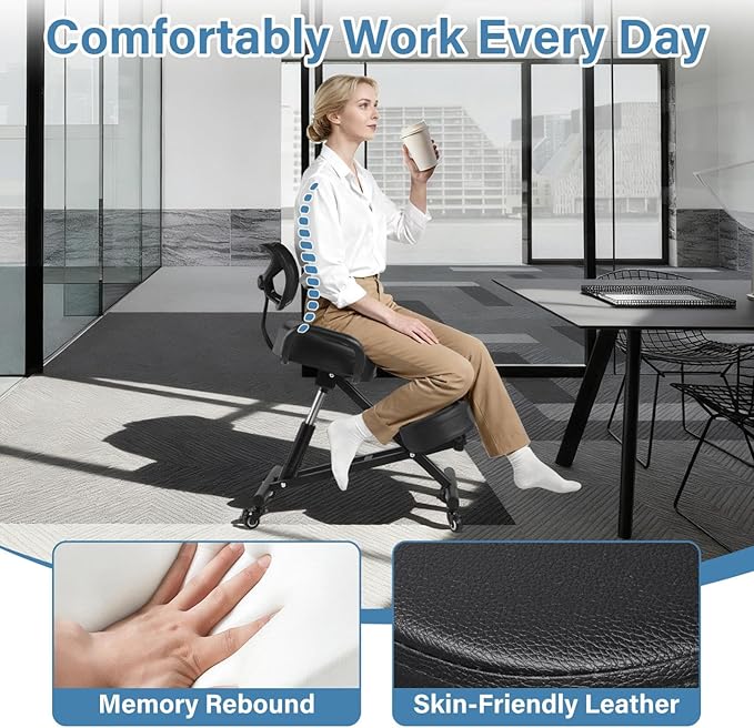 Ergonomic Kneeling Chair with Backrest, Kneeling Chair with Locking Wheels, Adjustable Height Kneeling Support Chairs, PU Computer Kneel Chairs for Living Room