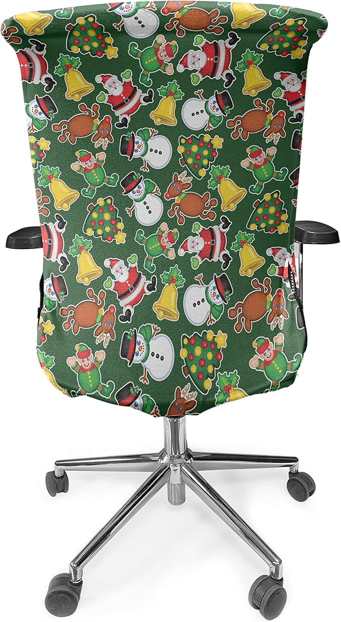 Ambesonne Christmas Office Chair Cover, Vivid of Joyous Holiday Celebration Jumping Dancing Cheery Cartoon for Yule, Stretchable Decorative Universal Size High Back Printed Slipcover, Green Red