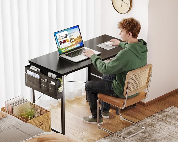 AODK 40 Inch Small Computer Desk with Fabric Drawers, Kids Study Desk for Bedroom, Home Office Desk with Storage Shelf & Bag for Small Space, Black