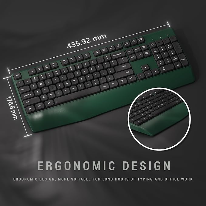 MPTOG Ergonomic Keyboard and Mouse Combo with Wrist Rest, BK Chipset, Full-Size Colorful Office Keyboard and Mouse, Power Button, USB Receiver for PC Laptop(Dark-Green Black)