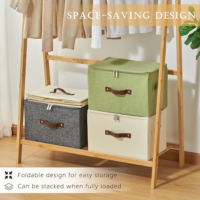 2 Pack Storage Bins with Zipper Lid Cotton Linen Fabric Lidded Storage Baskets Boxes Foldable Washable Closet Shelf Clothes Organizer Container with PU Leather Handles (Teal Blue, Large)