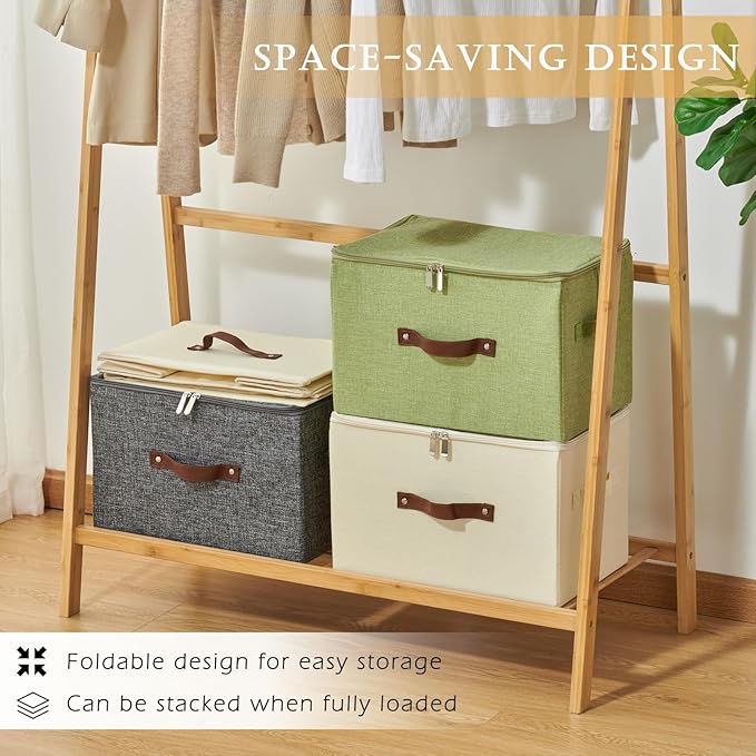 4 Pack Storage Bins with Zipper Lid Cotton Linen Fabric Lidded Storage Baskets Boxes Foldable Washable Closet Shelf Clothes Organizer Container with PU Leather Handles (Gray, Large)