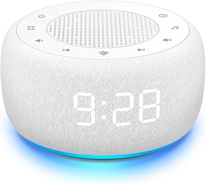 Buffbee Sound Machine & Alarm Clock 2-in-1, 0-100% Clock Face Brightness, Bottom Colored Light, Sleep Timer, Precise 30-Level Volume Control White Noise Machine - White