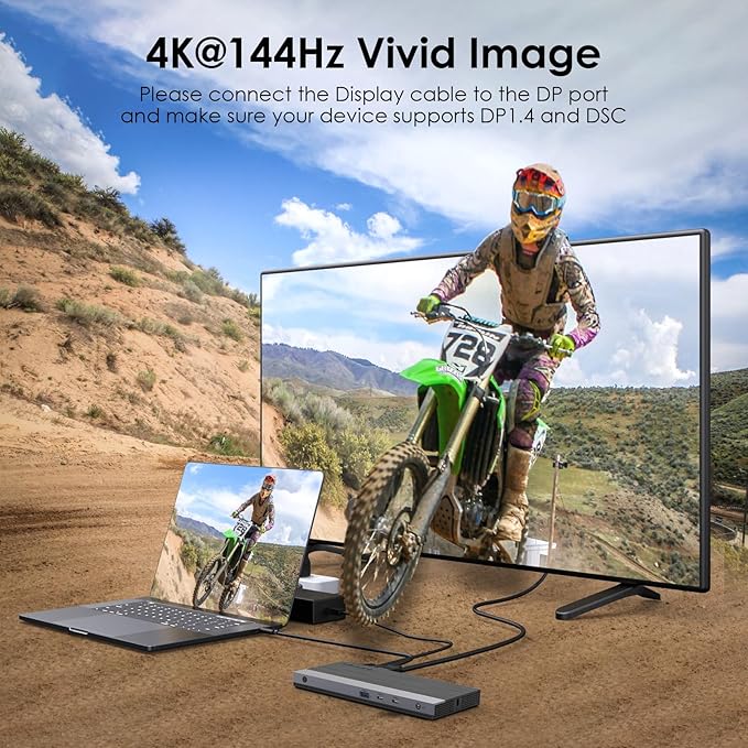 Laptop Docking Station, Docking Station 3 Monitors with 2* DP+HDMI, 4K@144Hz,130W PD Charger, 4* USB 3.0, Audio, Gigabit Ethernet, TF/SD for Lenovo,HP,Dell, Windows System Computer