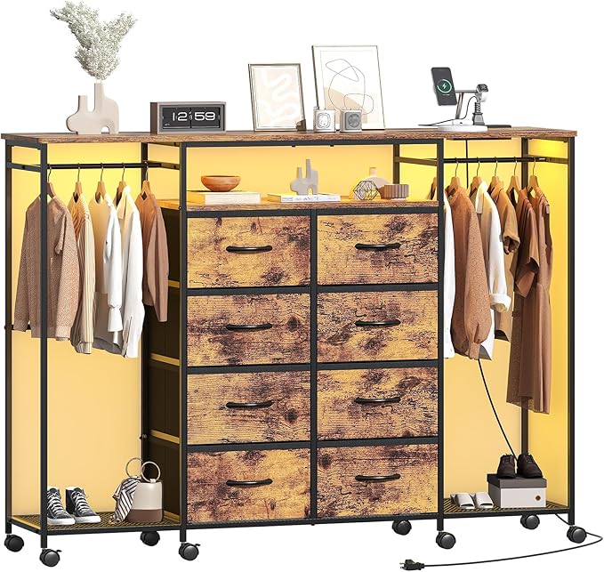 59.1" W Dresser for Bedroom with Hanging Rack, 8 Drawer Dresser with LED Lights & Charging Station, Fabric Dressers with Portable Wheels,Metal Frame, Wooden Top (Rustic Brown)