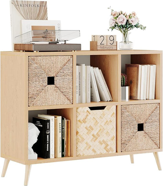6 Cube Storage Organizer, Wood Bookcase with Legs, Modern Freestanding Cubby Shelving Unit, Book Shelf Toy Storage Cabinet for Bedroom, Living Room, Kids Room, Fits 11 Inch Bins, Natural