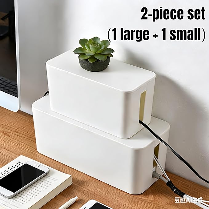 1Large+1Small Cable Organizer Set with 4 Silicone Cable Ties, 2-Piece Cable Management Box, Acrylic Lid Cord Organizer for Home Office,Set of Two Cable Box,Cable Organizer Box(Acryliclid/White)