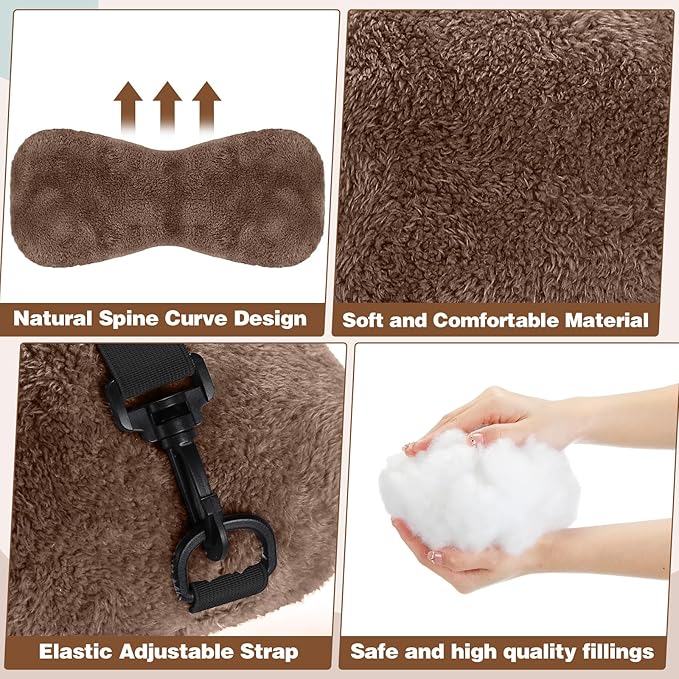 Colingmill 1 Pc Neck Pillow for Recliner Headrest Pillow Bone Shaped Chair Plush with Adjustable Strap Neck Support and Pain Relief Curve Head Cushion for Car Travel Airplane (Brown)