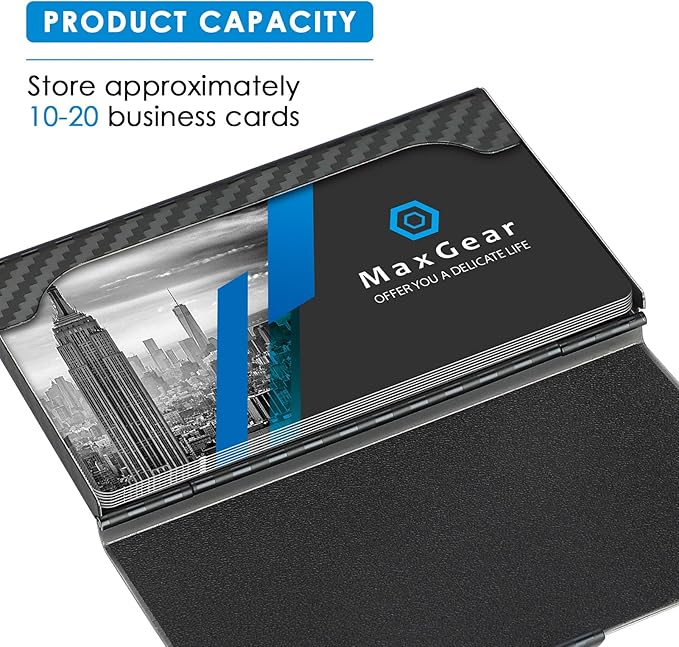 MaxGear Metal Business Card Holder for Men & Women, Stainless Steel Business Card Case Holds 10–20 Cards, Slim Pocket Name Cards Holder with Interior Lining & Buckle Closure, Black Carbon Texture