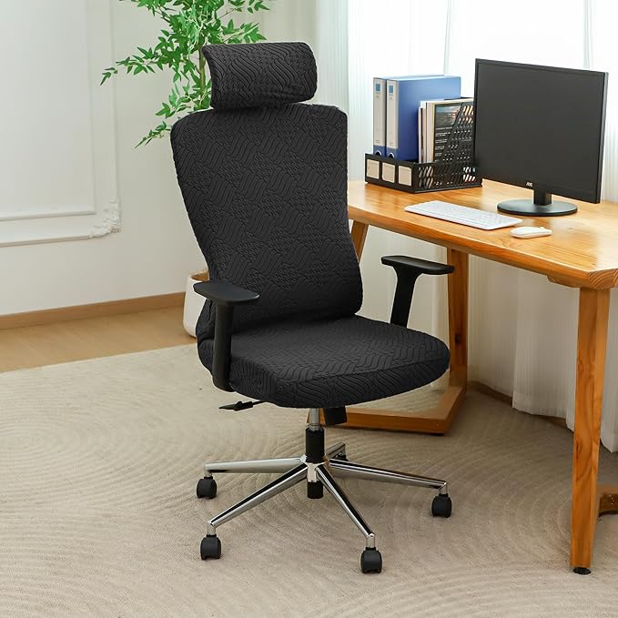 Ergonomic Office Chair Cover with Headrest Covers Black Jacquard Stretch Desk Chair and Headrest Slipcovers Washable