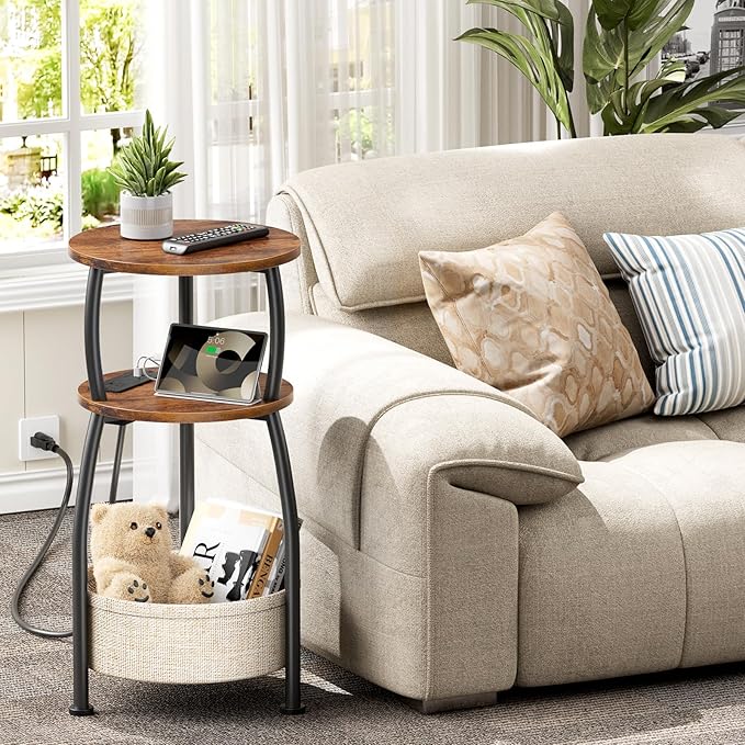 Side Table with Charging Station, Small Round End Table with Basket, USB Port and Outlet, 3 Tiers Sofa Couch Table for Living Room Bedroom, Small Spaces, 11.81in Rustic Brown